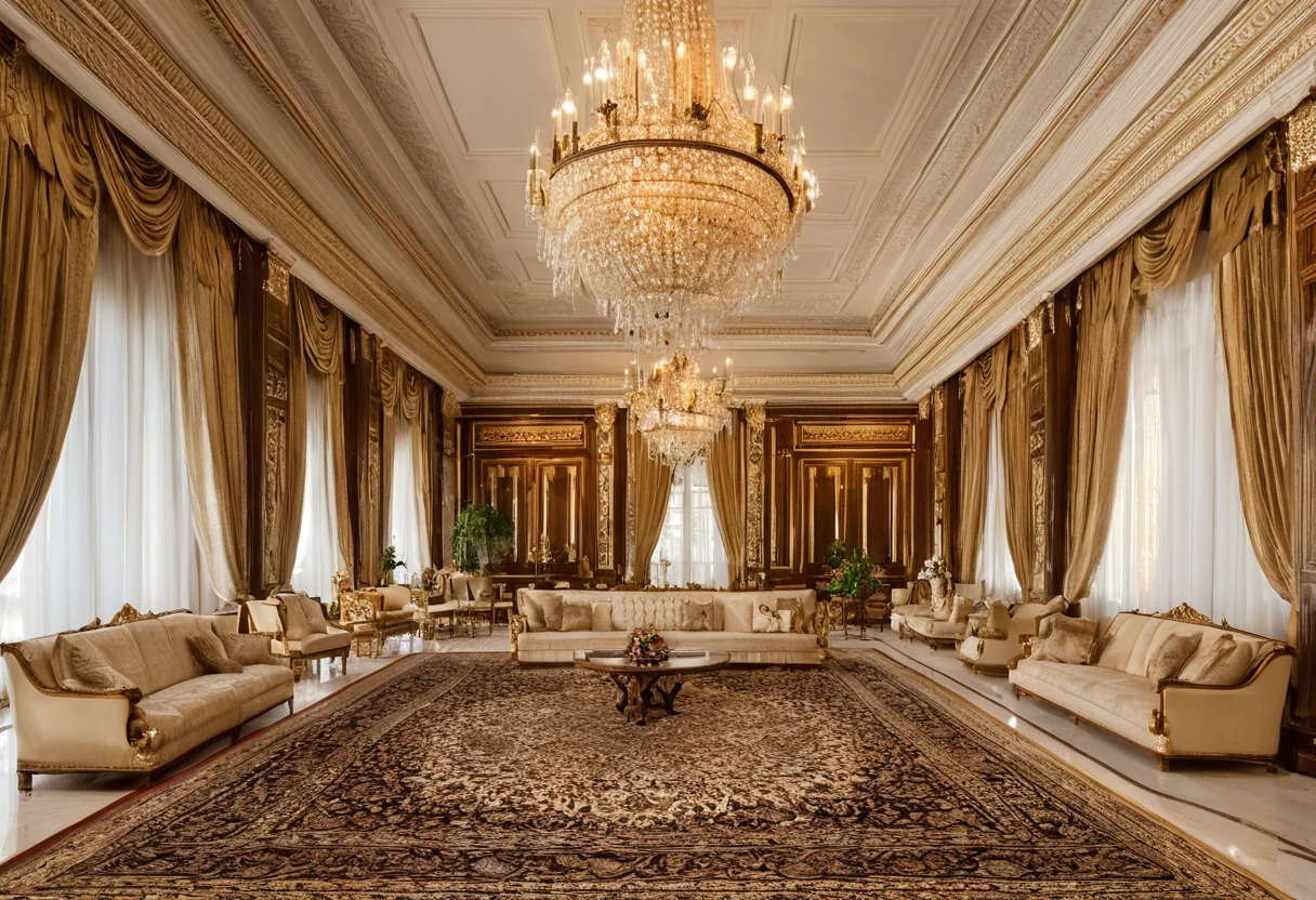Grand Gulf majlis reception hall with continuous perimeter seating, carved gypsum ceiling, crystal chandeliers and marble floor with inlaid border