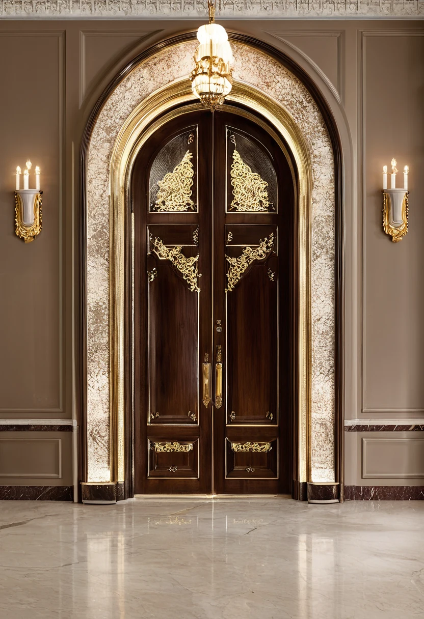 Carved walnut double-leaf majlis entrance doors with gilded scrollwork panels, brass handles and marble portal