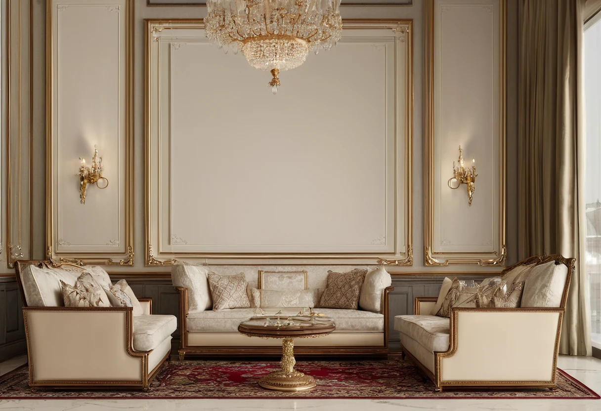 Continuous row of low majlis sofas in ivory upholstery with woven geometric cushions and gilded side tables along a wall