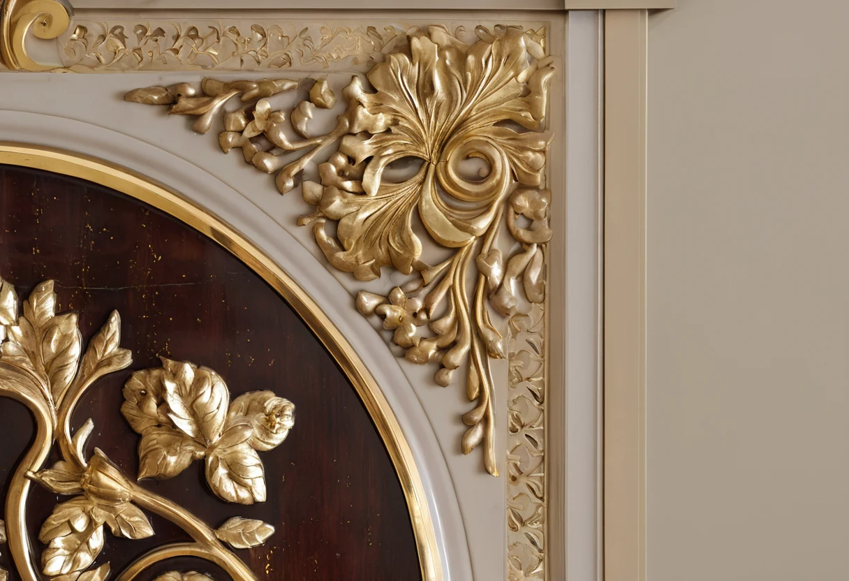 Detail of carved gypsum wall panel with gold leaf, marble floor with brass and dark stone inlay border, and gilded console table
