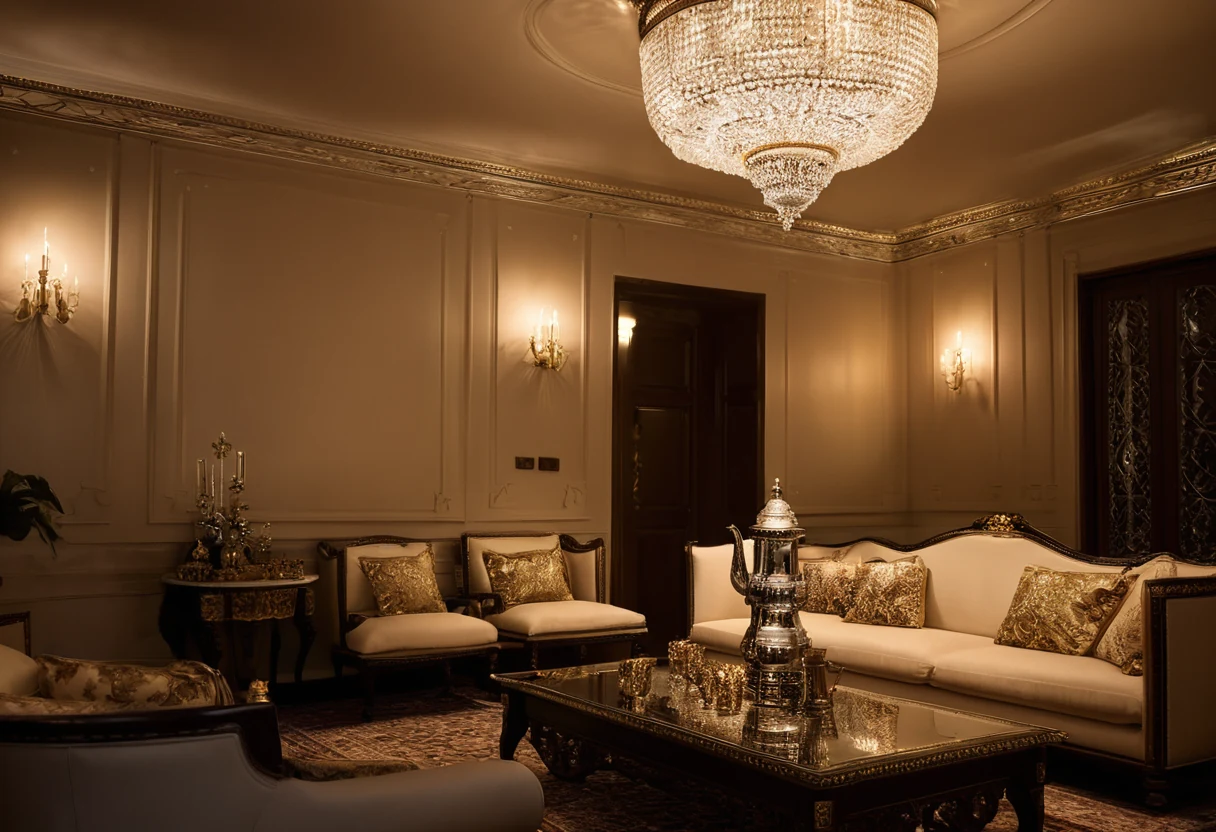 Majlis at night with dimmed crystal chandelier, warm wall sconces and a silver Arabic coffee set on a gilded tray table