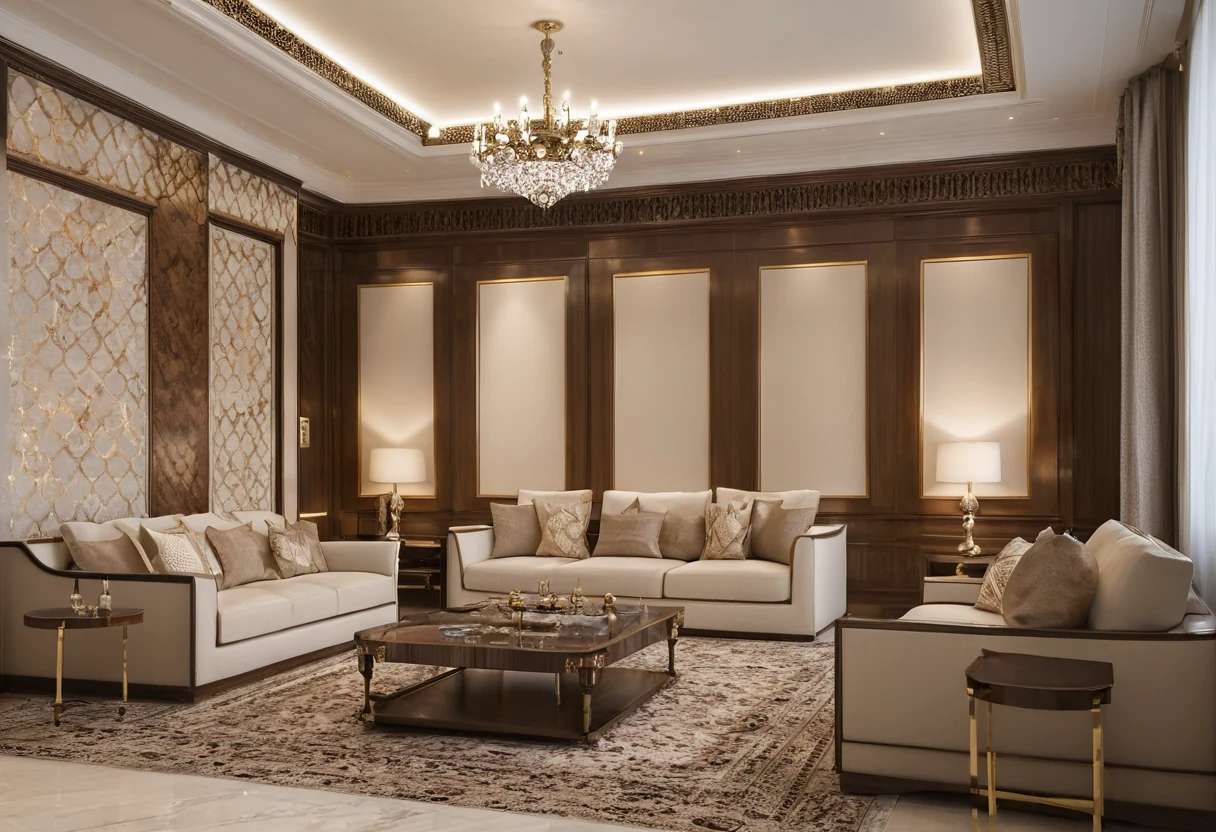 Contemporary classic majlis with greige paneling, cream perimeter sofas, walnut and brass details and a bronze lattice concealing a television