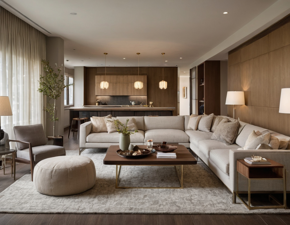 Luxury interior image showing How should coffee tables, side tables, rugs, and media walls be sized with the seating plan