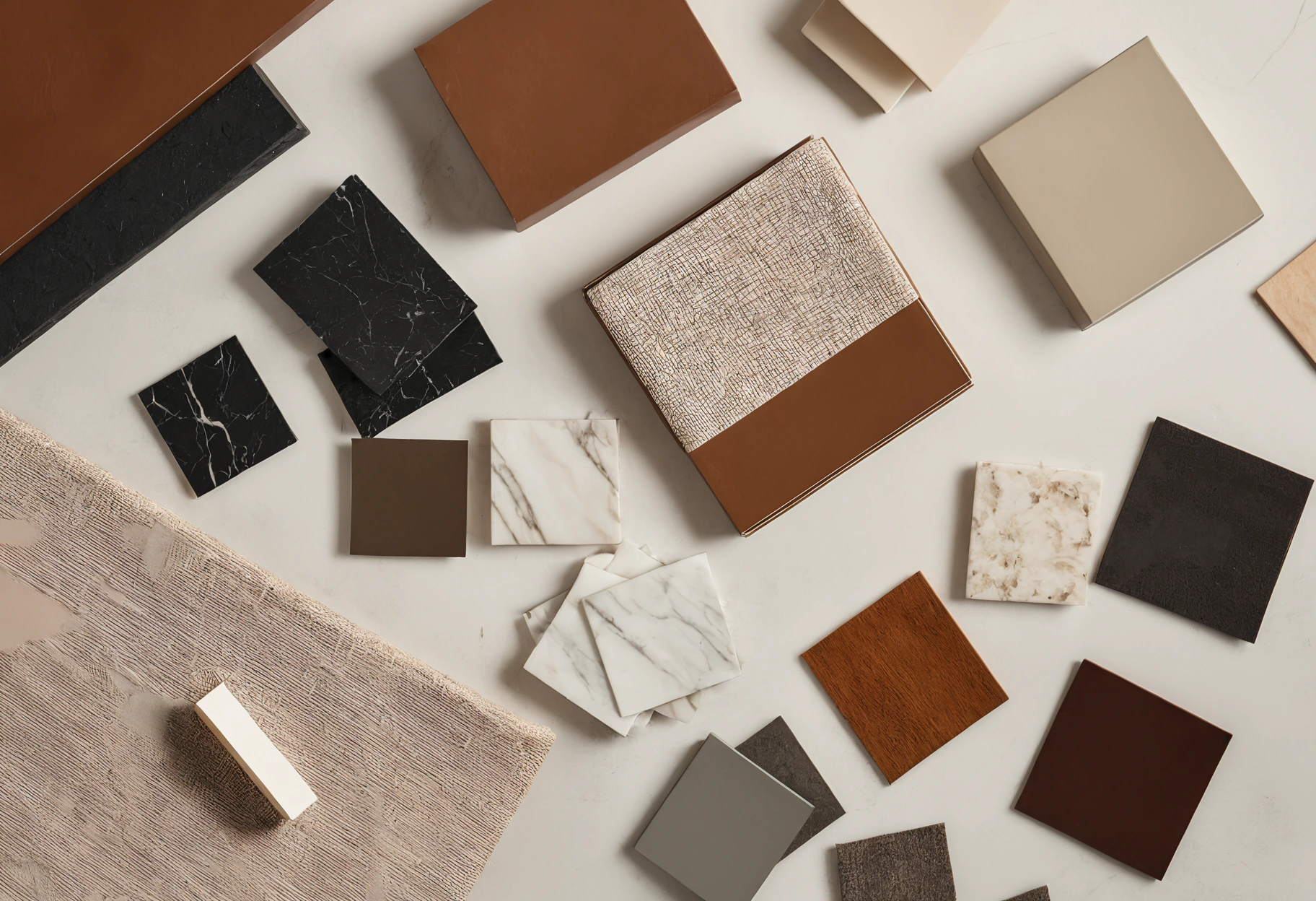 Courier sample box with stone, timber, leather and fabric swatches