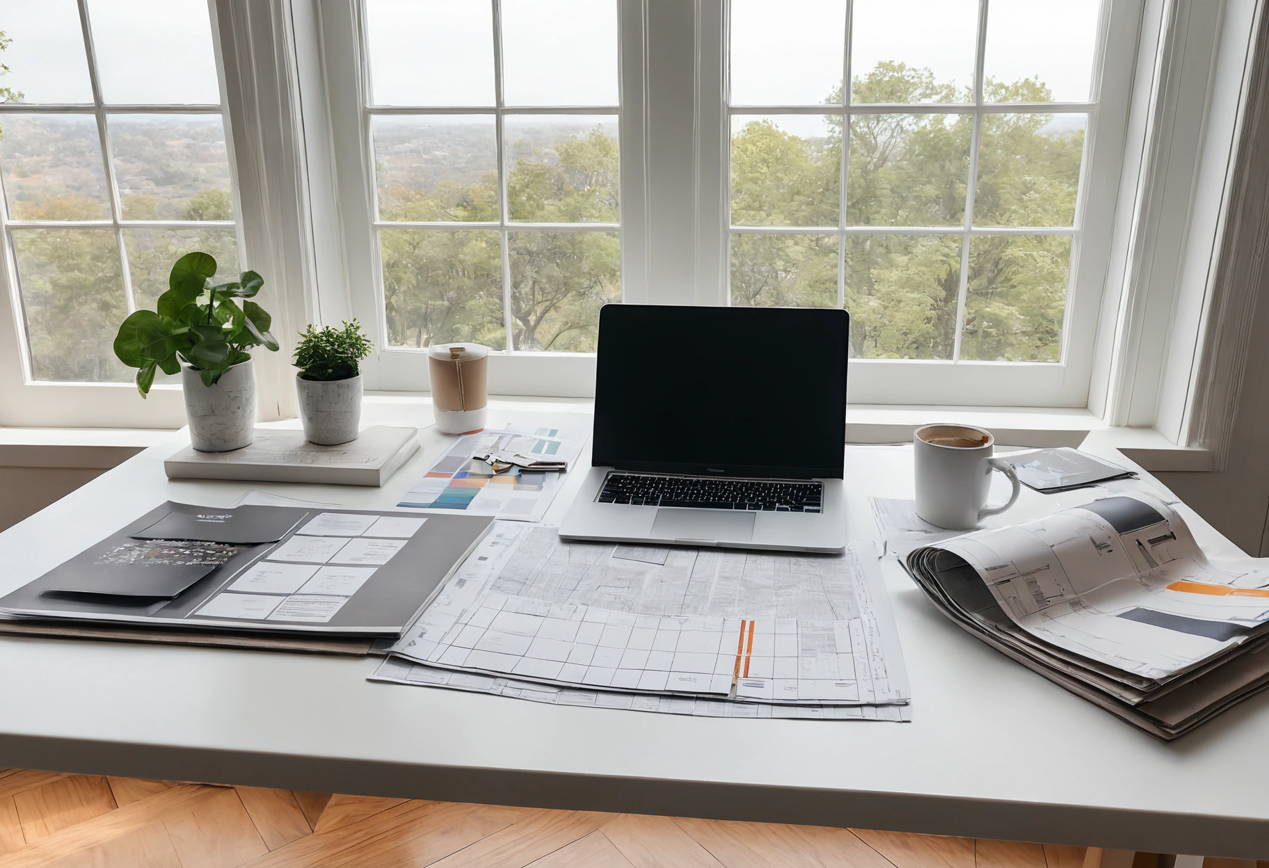 Desk with floor plans and a laptop used to run a remote furnishing project